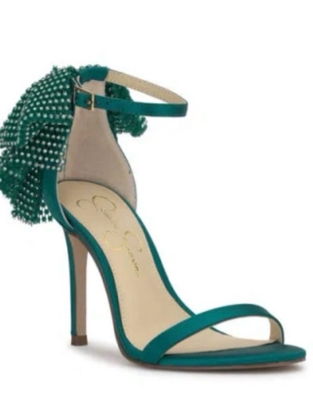 Jessica Simpson Teal Beaded Fringe Ankle-Strap High Heel Sandal